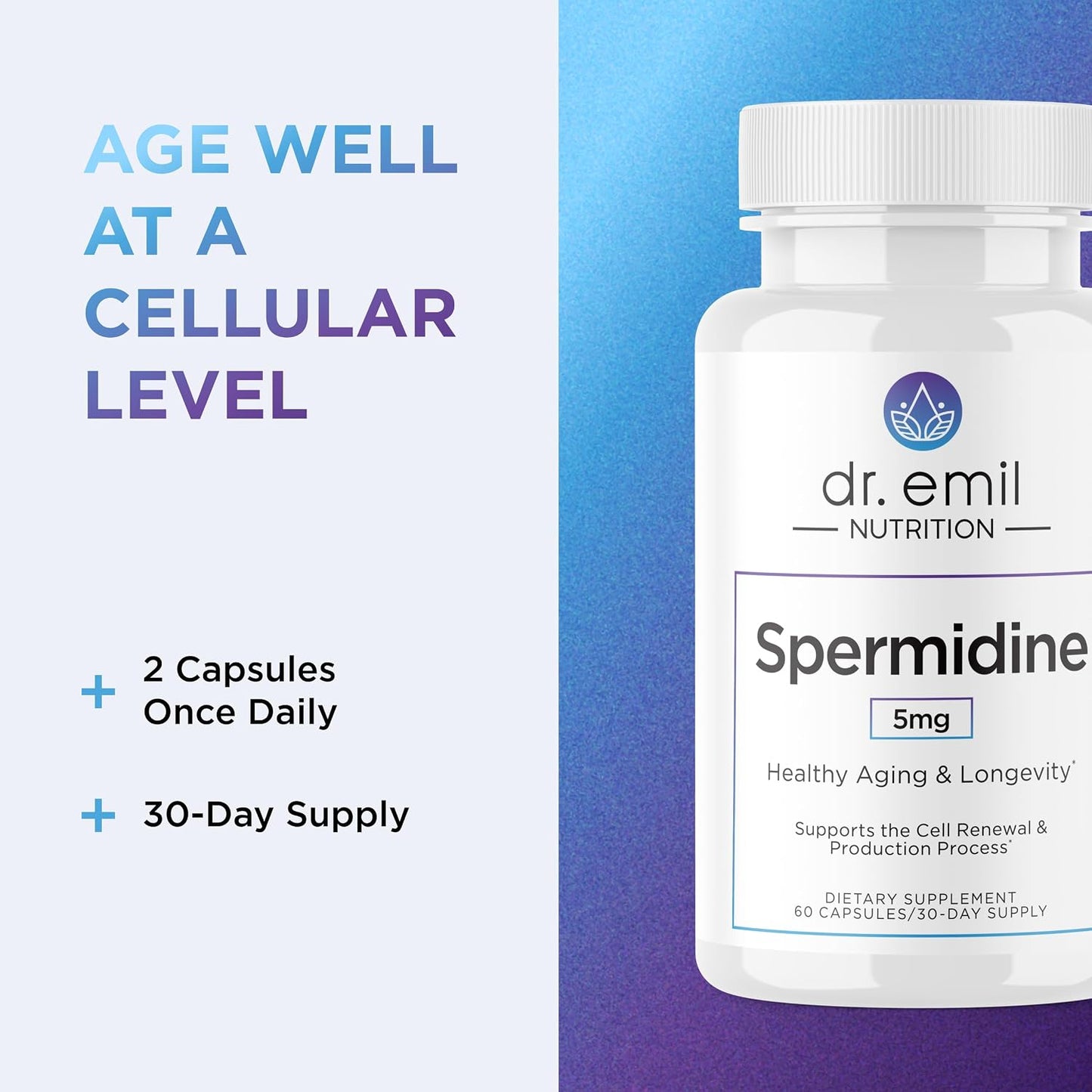 DR. EMIL NUTRITION Spermidine 5mg - Spermidine Supplements for Men & Women - Ageing Supplement with Pure Spermidine 3HCL & Thiamin 20mg - 60 Capsules, 30 Day Supply - görsel 6