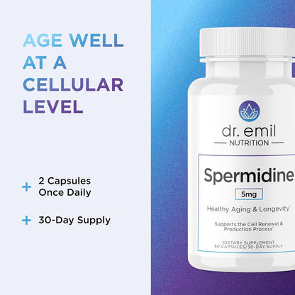 DR. EMIL NUTRITION Spermidine 5mg - Spermidine Supplements for Men & Women - Ageing Supplement with Pure Spermidine 3HCL & Thiamin 20mg - 60 Capsules, 30 Day Supply