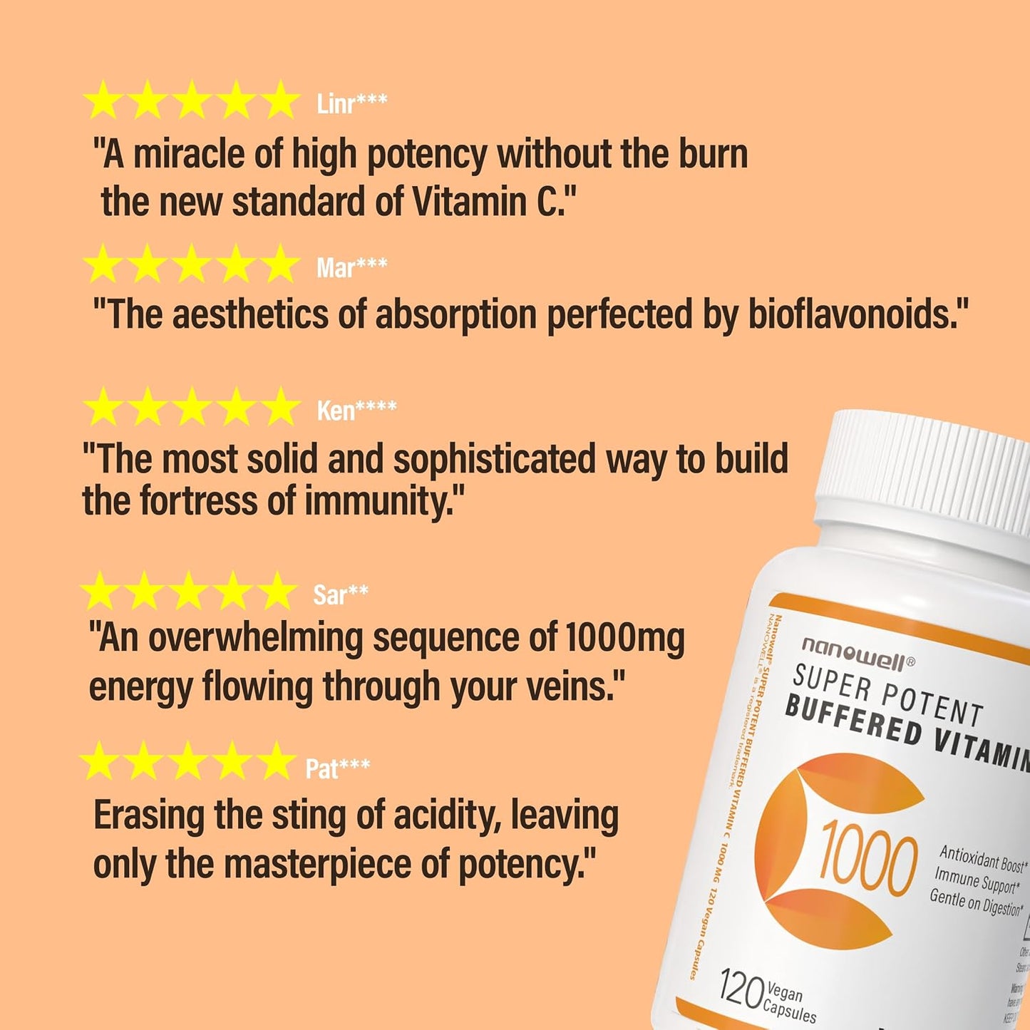 NANOWELL Super Potent Buffered Vitamin C 1000 mg with Bioflavonoid Complex - Antioxidant & Immune Support - Healthy Skin & Joints - Gluten-free - 180 Servings - görsel 6