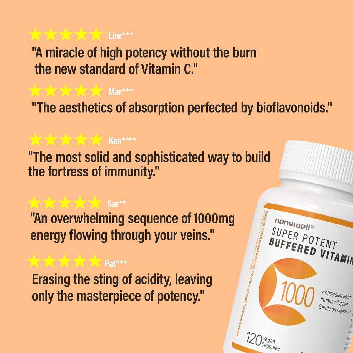 NANOWELL Super Potent Buffered Vitamin C 1000 mg with Bioflavonoid Complex - Antioxidant & Immune Support - Healthy Skin & Joints - Gluten-free - 180 Servings - görsel 6