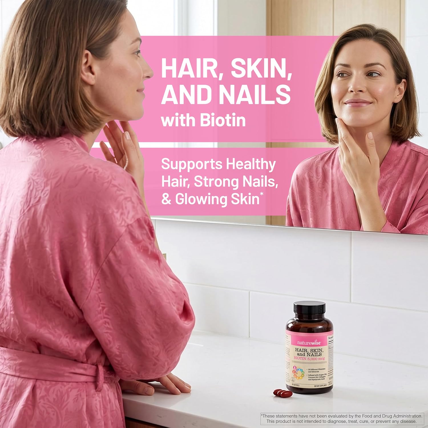 NatureWise Hair, Skin and Nails Supplement – Biotin 5000mcg with Hyaluronic Acid and Collagen – 270 Softgels - görsel 2