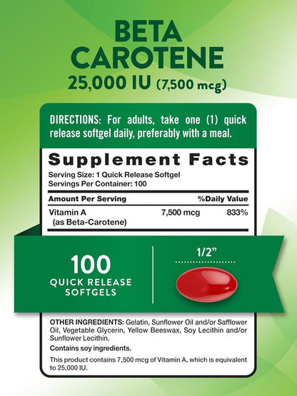 Nature's Truth Beta Carotene 25000 IU Softgels – 100 Count – Vitamin A Supplement