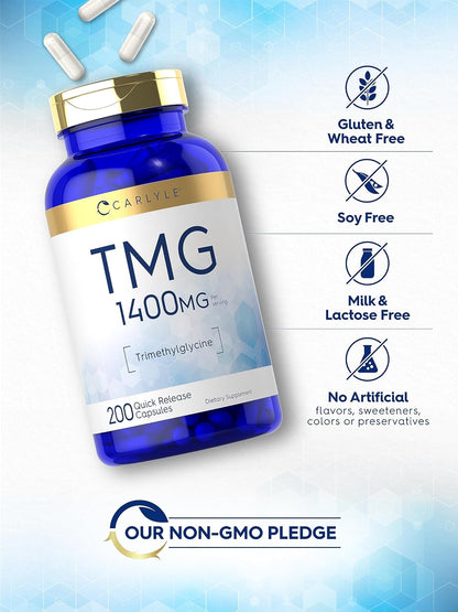 Carlyle TMG Supplement | 1400mg | 200 Trimethylglycine Quick Release Capsules | Non-GM & Gluten-free