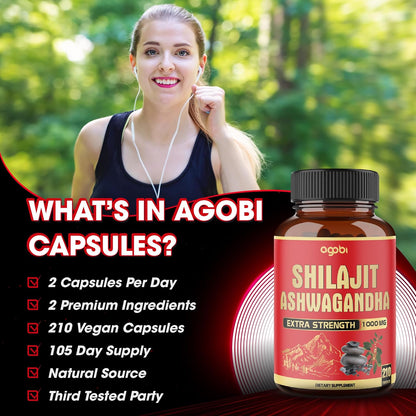agobi Shilajit with Ashwagandha - 210 Capsules, 600mg Shilajit + 400mg Organic Ashwagandha Root