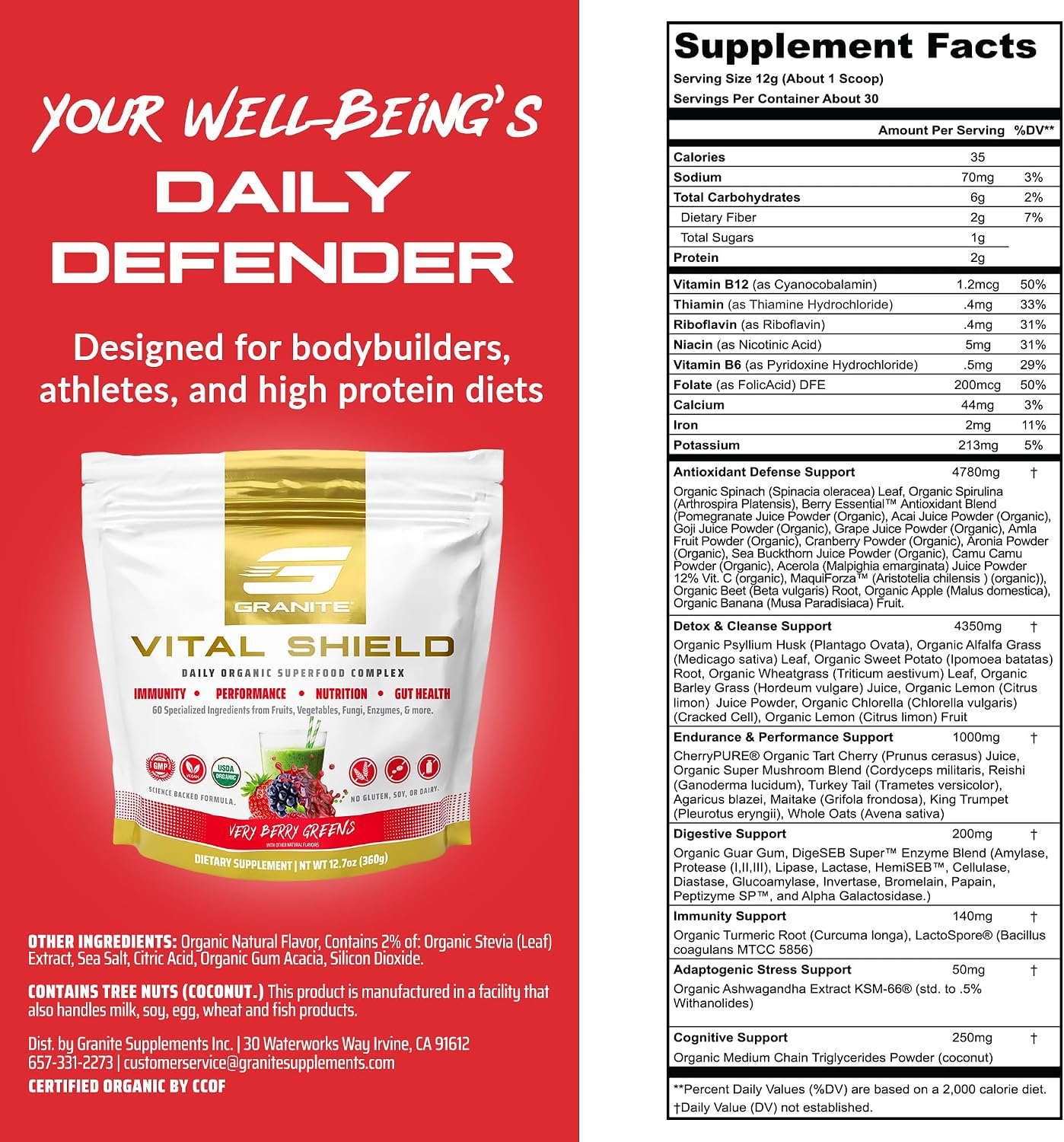 Granite Nutrition Vital Shield - USDA Organic Superfood Greens with Mushrooms & Tart Cherry for Energy, Immunity & Gut Health - Very Berry (30 Servings) - görsel 3