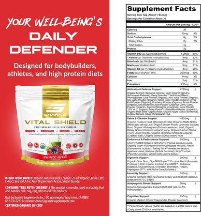 Granite Nutrition Vital Shield - USDA Organic Superfood Greens with Mushrooms & Tart Cherry for Energy, Immunity & Gut Health - Very Berry (30 Servings)