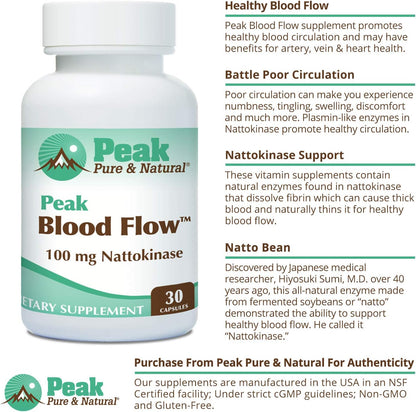 Peak Pure & Natural Peak Blood Flow - Nattokinase Supplement - Blood Circulation Support for Adults | 100mg - 30 Capsules