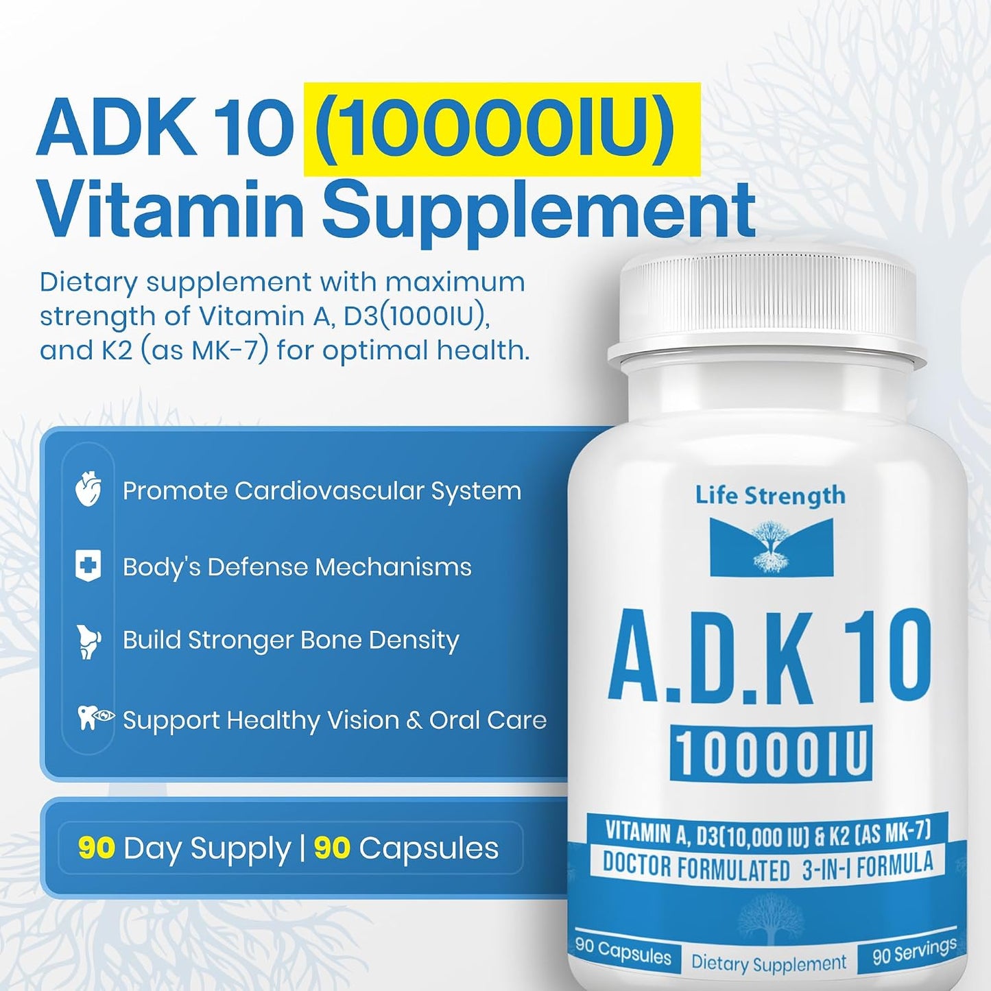 LifeStrength ADK 10 Supplement (180 Capsules) - Physician Formulated Vitamins A1, D3 & K2 (as MK7) for Bone Health - Immune System Support - Gluten-free, Soya Free, Non-GMO - görsel 2