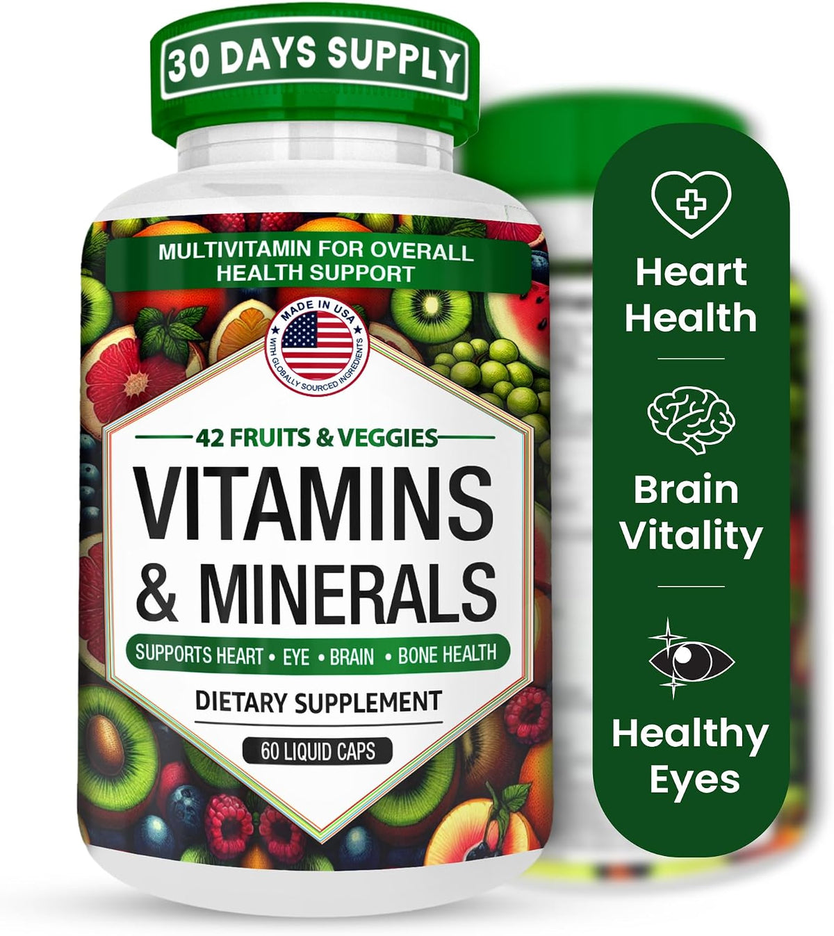 Multivitamin and Mineral Capsules with Zinc and Premium 42 Fruit and Vegetable Blend for Immune Support | Daily Multivitamin Antioxidant Supplement | 60 Capsules - görsel 1