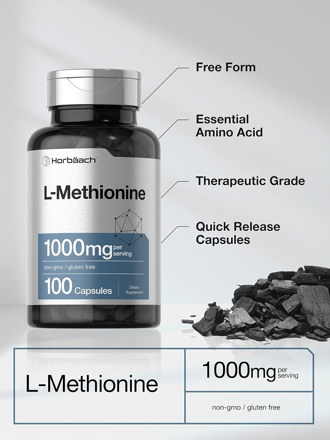 Horbäach L-Methionine 1000mg | 100 Capsules | Non-GM, Gluten-free Free Form Supplement - görsel 3