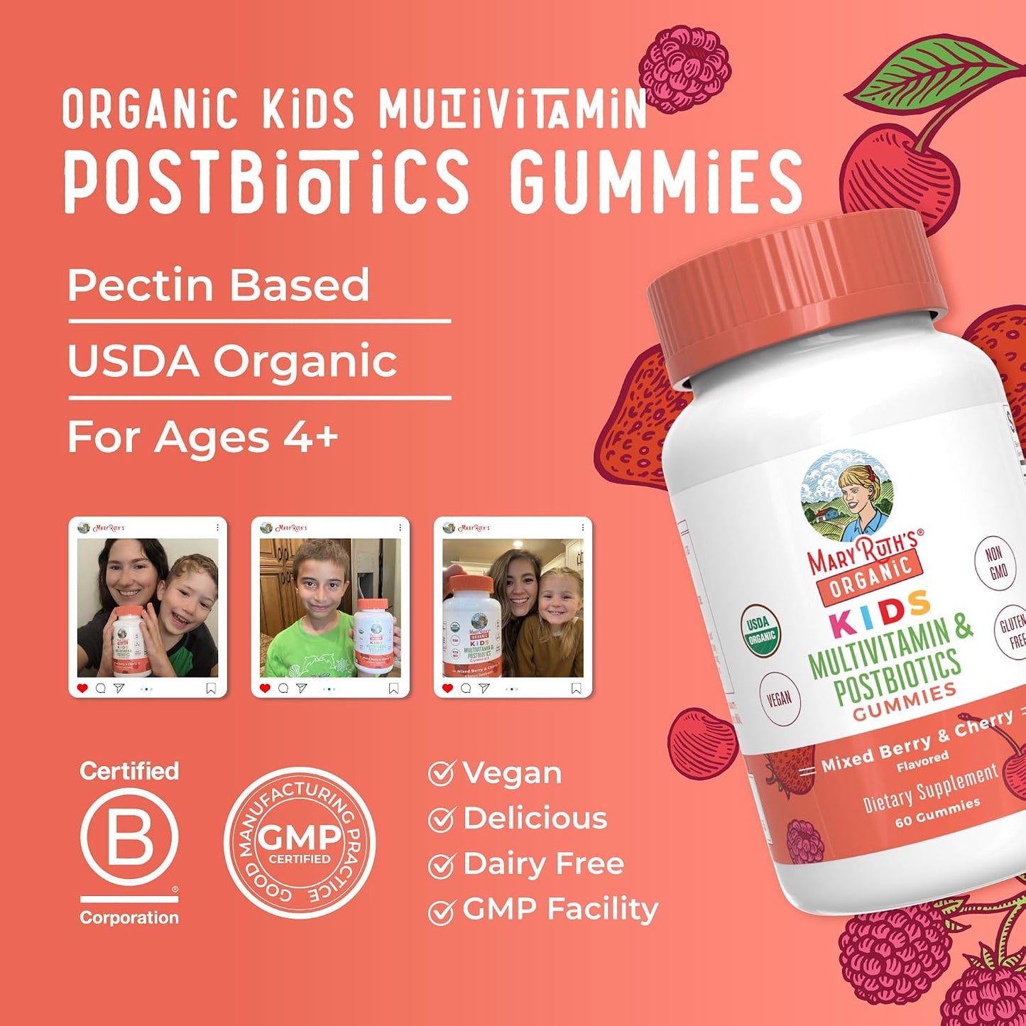 MaryRuth's Organic Kids Multivitamin + Postbiotic Gummies, Ages 4 and Over, 60 Gummies - görsel 8