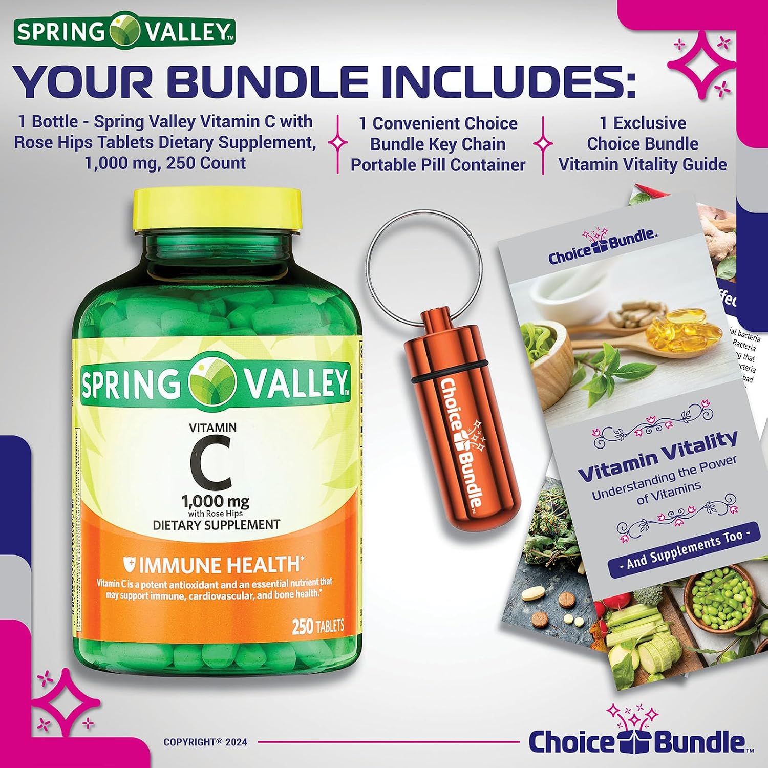 Spring Valley Vitamin C 1000 mg with Rose Hips – 250 Tablets + Bonus Guide & Pill Container - görsel 2
