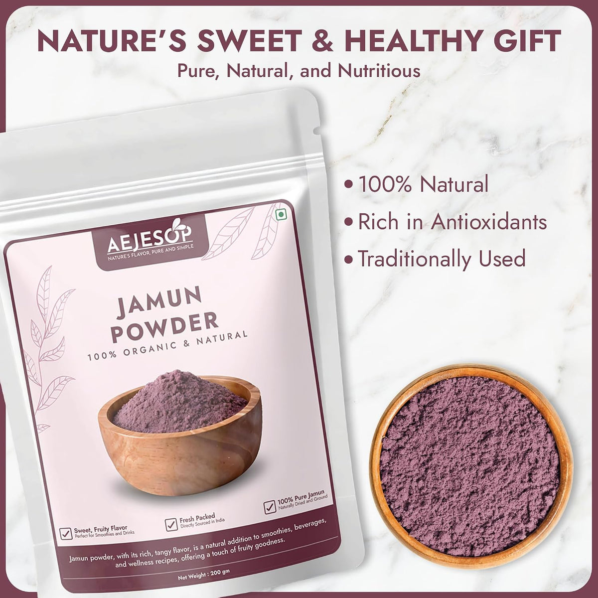Organic Jamun Powder (Indian BlackBerry, Jambu, Java Plum) - from Eugenia Jambolana Seed, 200g - görsel 4