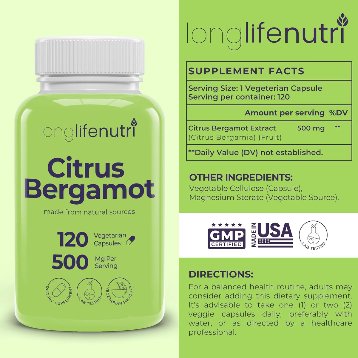 LongLifeNutri Citrus Bergamot Extract 500 mg – 120 Vegetarian Capsules (4-Month Supply) - görsel 2