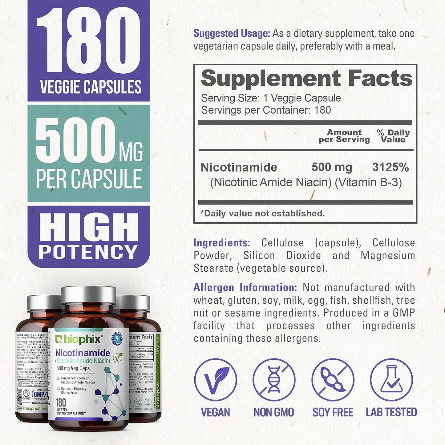 biophix B-3 Nicotinamide 500 mg 180 Vcaps – Flush-Free Niacin Supplement - görsel 4