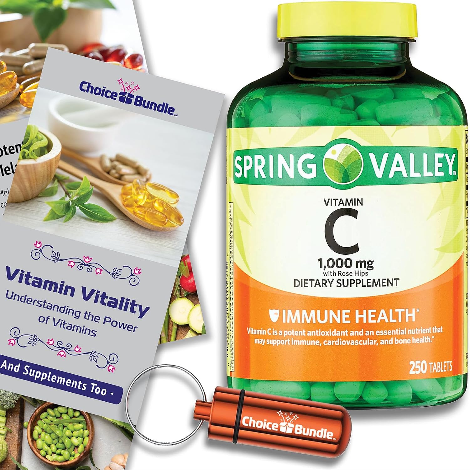 Spring Valley Vitamin C 1000 mg with Rose Hips – 250 Tablets + Bonus Guide & Pill Container - görsel 1