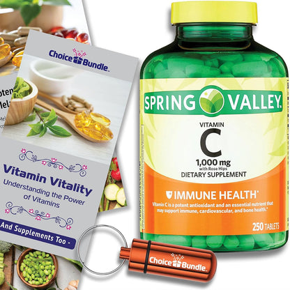 Spring Valley Vitamin C 1000 mg with Rose Hips – 250 Tablets + Bonus Guide & Pill Container