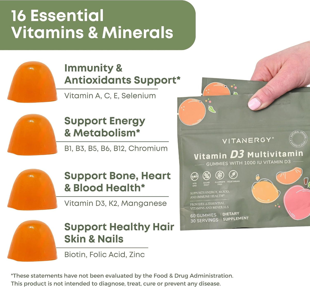 Vitanergy Women's Multivitamin Gummies with D3 K2, Sugar-Free, 60 Count - görsel 3