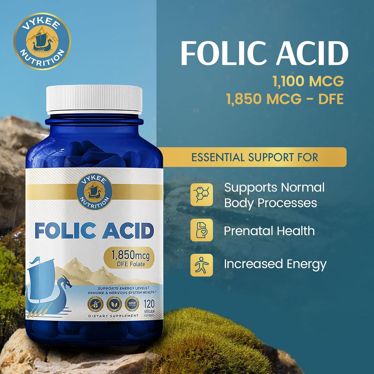 Vykee Nutrition Folic Acid Capsules – Supports Body Processes, Antenatal Health and Energy – Vitamin B9 Supplement – Vegan, Non-GMO, Gluten-free – 1,850 mcg DFE, 120 Count - görsel 2