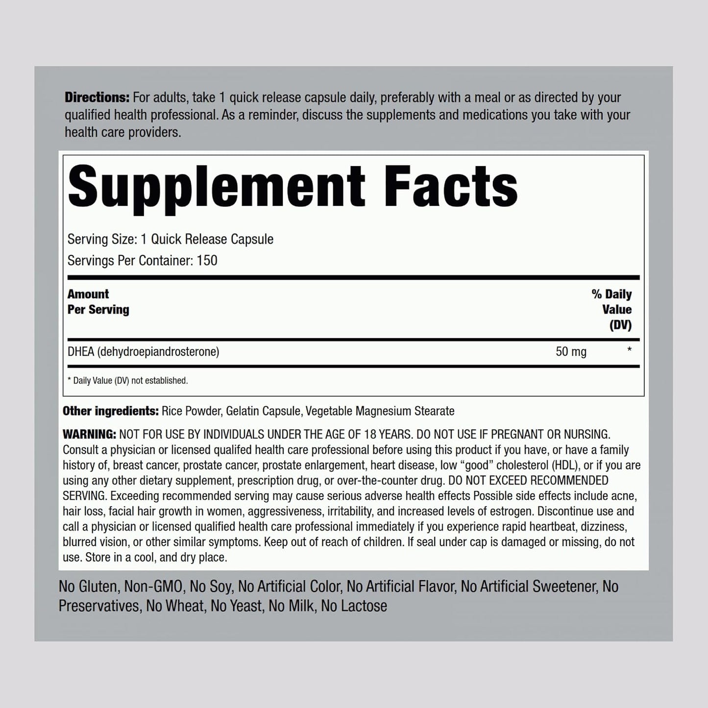 Piping Rock DHEA 50 mg - 150 Quick-Release Capsules - görsel 2