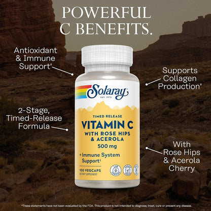 SOLARAY Vitamin C with Rose Hips – Timed Release Capsules, 500 mg, 100 Count