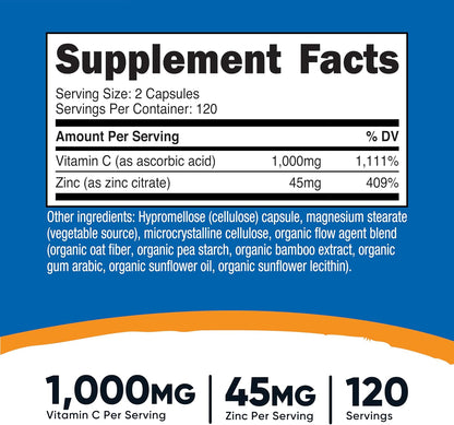 Nutricost Vitamin C with Zinc Capsules - 1000mg Vitamin C & 45mg Zinc, Non-GMO, Gluten-free, 3 Pack