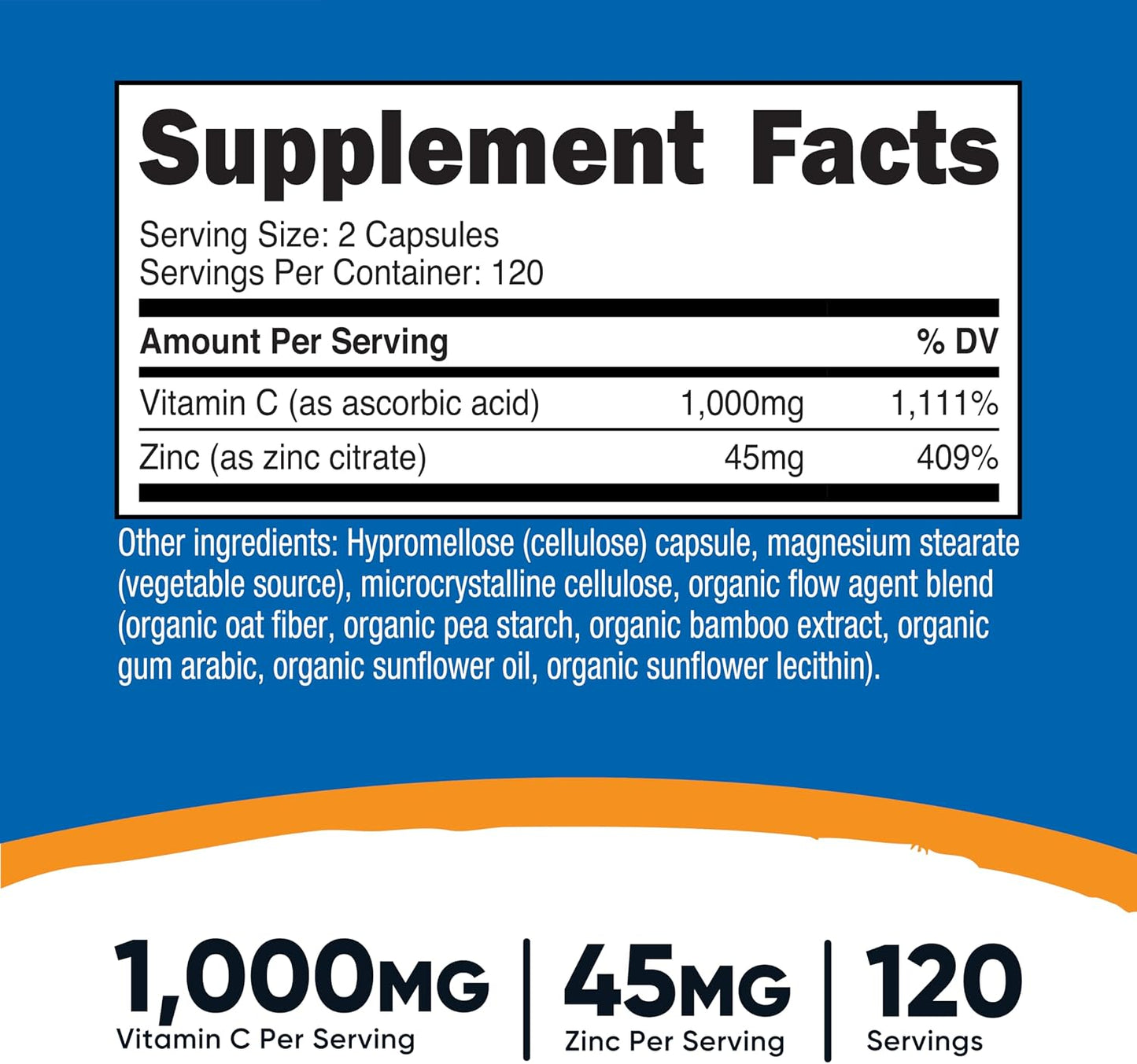 Nutricost Vitamin C with Zinc Capsules, 120 Servings - 1000mg Vitamin C, 45mg Zinc, Non-GMO, Gluten-free - görsel 2