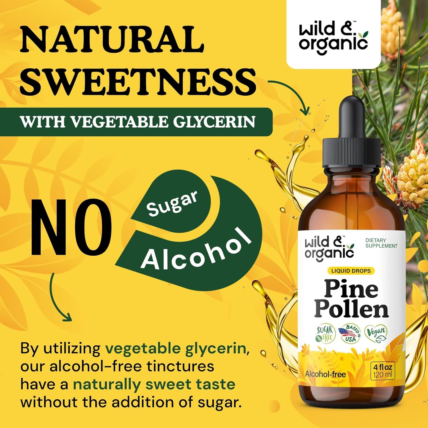 Wild & Organic Pine Pollen Tincture - Pinus Massoniana Extract Drops - Vegan, Alcohol-Free Liquid Supplement - 118 ml - görsel 6