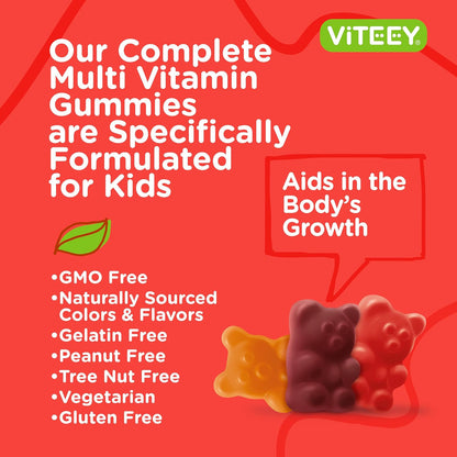 Viteey Kids Multivitamin Gummies - Complete Daily Essential Vitamins with 12 Minerals & Vitamins - Vegetarian, Gelatine-Free, Fruit Flavour - 60 Gummies