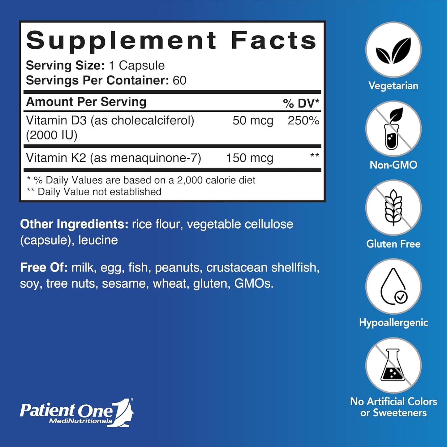 Patient One Vitamin K2 and D3 - 150 mcg K2 (as MK-7) and 2000 IU D3, 60 Capsules - görsel 2