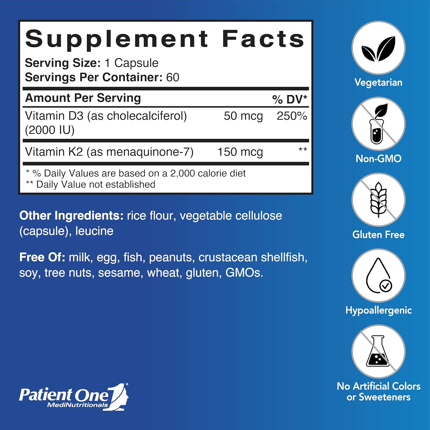 Patient One Vitamin K2 and D3 - 150 mcg K2 (as MK-7) and 2000 IU D3, 60 Capsules - görsel 2