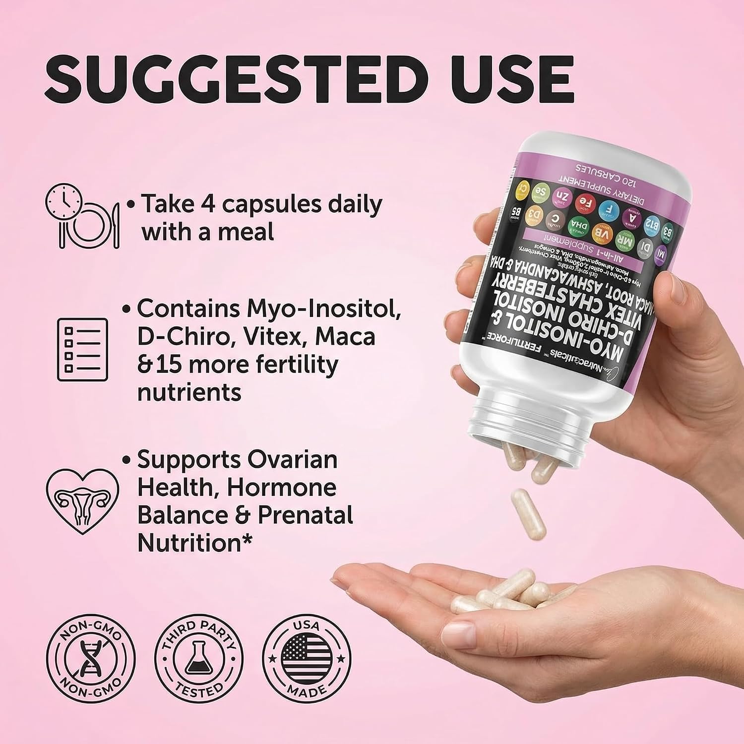 Clean Nutraceuticals Myo-Inositol & D-Chiro Inositol 2050mg Fertility Supplement 40:1 Ratio - Antenatal Vitamins for Women with Ashwagandha Maca Root Vitex Chasteberry Iron DHA Folic Acid DIM Zinc (1) - görsel 6