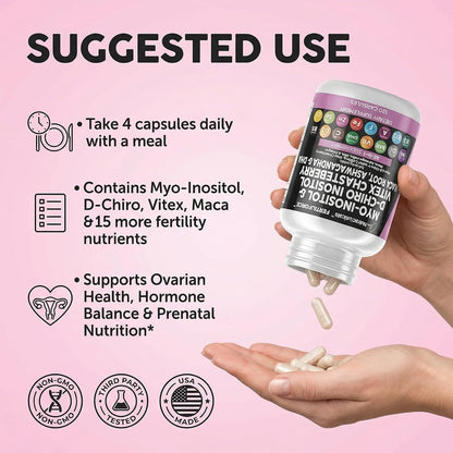 Clean Nutraceuticals Myo-Inositol & D-Chiro Inositol 2050mg Fertility Supplement 40:1 Ratio - Antenatal Vitamins for Women with Ashwagandha Maca Root Vitex Chasteberry Iron DHA Folic Acid DIM Zinc (1)