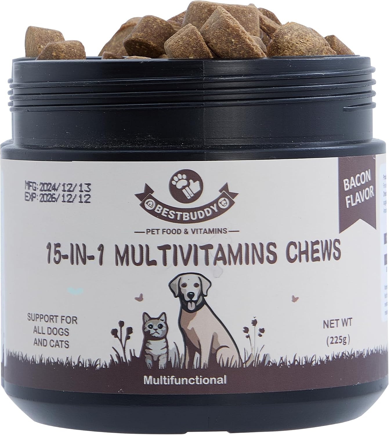 Best Buddy Multivitamin 15-in-1 Chews for Dogs & Cats, Bacon/Pork Flavour, 225g - görsel 1
