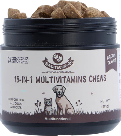 Best Buddy Multivitamin 15-in-1 Chews for Dogs & Cats, Bacon/Pork Flavour, 225g
