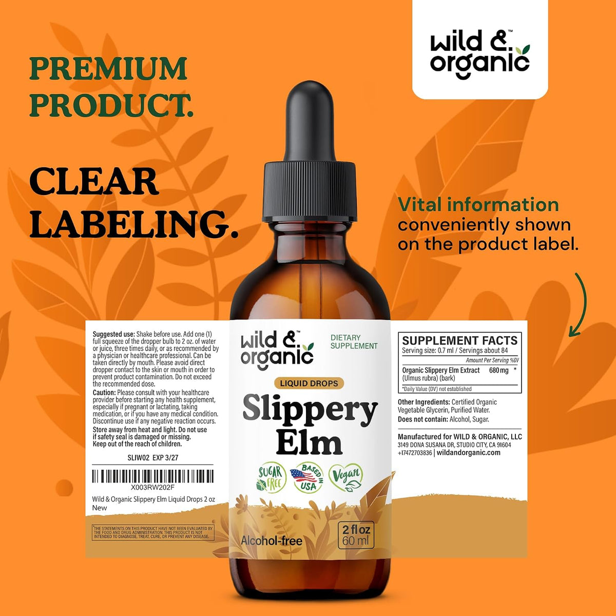 Wild & Organic Slippery Elm Drops – Vegan, Alcohol-Free Liquid Extract, 60 ml - görsel 9