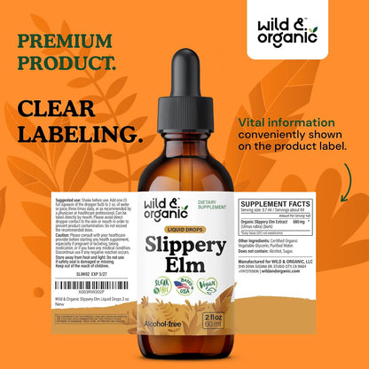 Wild & Organic Slippery Elm Drops – Vegan, Alcohol-Free Liquid Extract, 60 ml
