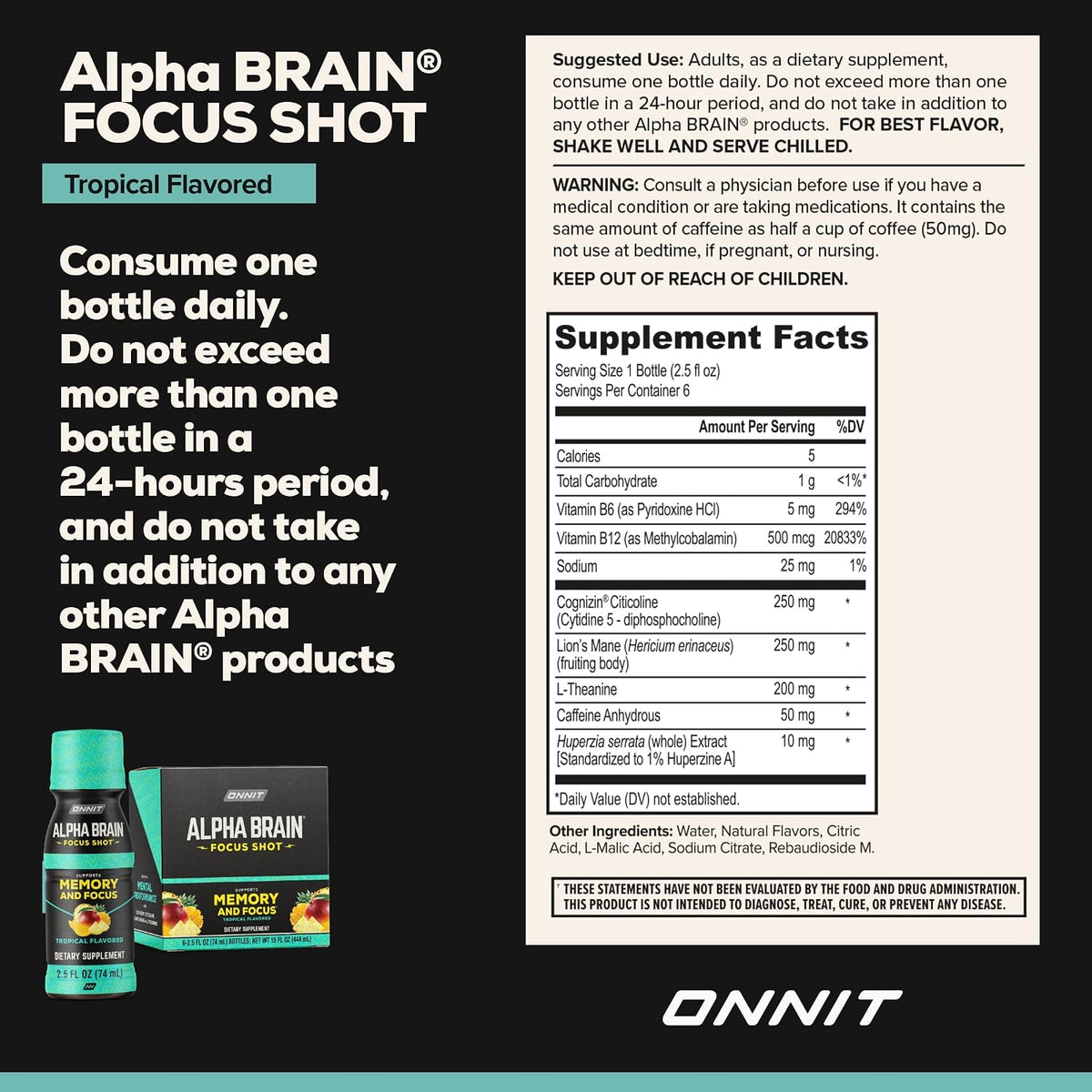 ONNIT Alpha Brain Focus Shot, Tropical Flavour - Nootropic Dietary Supplement Drink, 75 ml, 6 Count - görsel 3