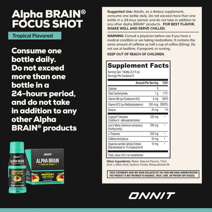 ONNIT Alpha Brain Focus Shot, Tropical Flavour - Nootropic Dietary Supplement Drink, 75 ml, 6 Count