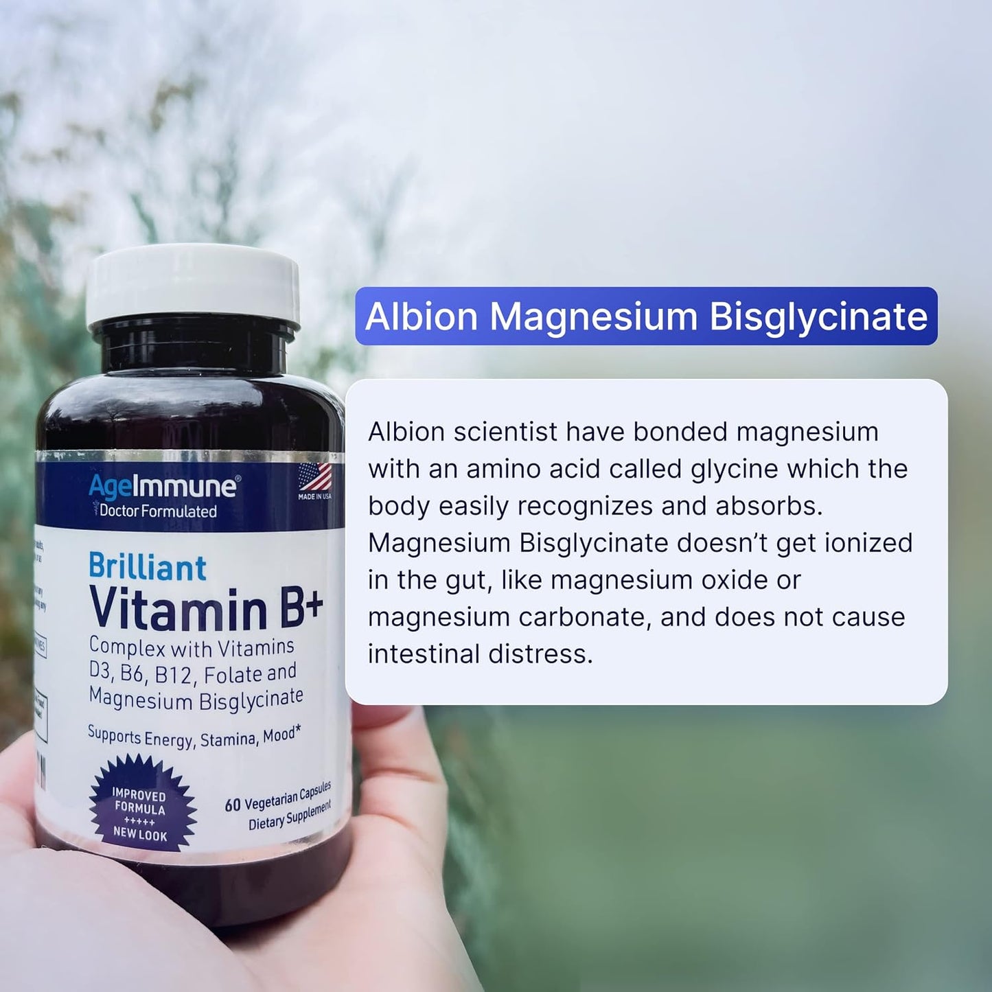 AgeImmune Vitamin B Complex with Vitamin D3, B12, B6, Magnesium Bisglycinate, and Folate as Methylfolate – 60 Capsules – No Niacin - görsel 6