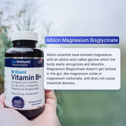 AgeImmune Vitamin B Complex with Vitamin D3, B12, B6, Magnesium Bisglycinate, and Folate as Methylfolate – 60 Capsules – No Niacin