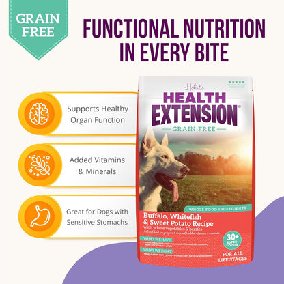 Health Extension Grain Free Buffalo & Whitefish Dry Dog Food - 30+ Superfoods and Probiotics for All Life Stages (4.5 kg)
