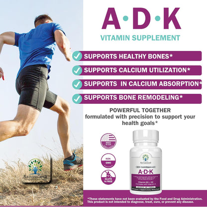 NatureGenX ADK Vitamin Supplement – Vitamins A, D3 & K2 MK-7 for Bone Health & Calcium Absorption – Gluten-Free, Non-GMO, Soya-Free – 60 Capsules (2-Month Supply)