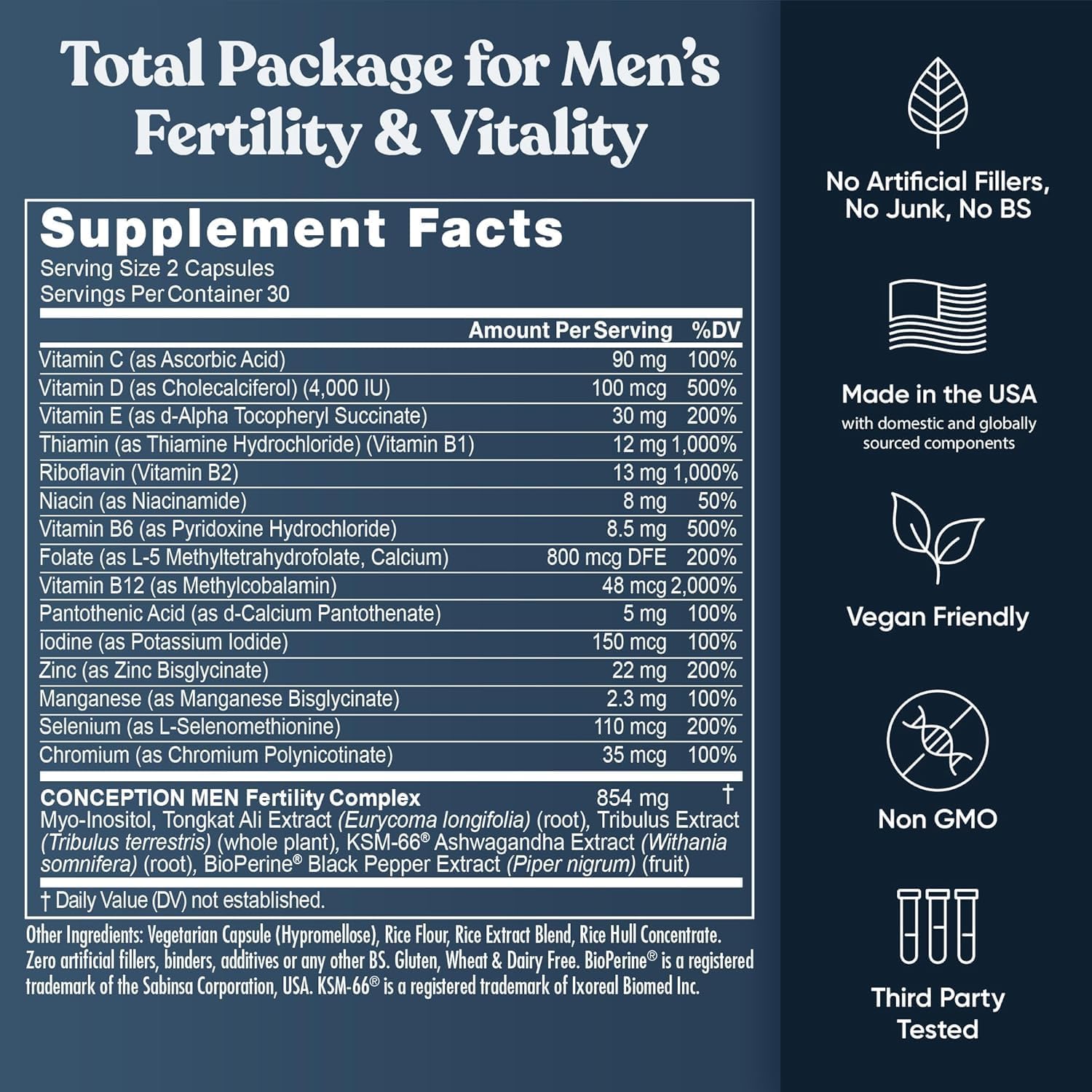 Eu Natural Conception for Him - Male Fertility Supplements with Ashwagandha, Folate & Zinc - Sperm Count, Motility & Strength Support - Fertility Support for Men, 120 Vegetarian Capsules - görsel 7