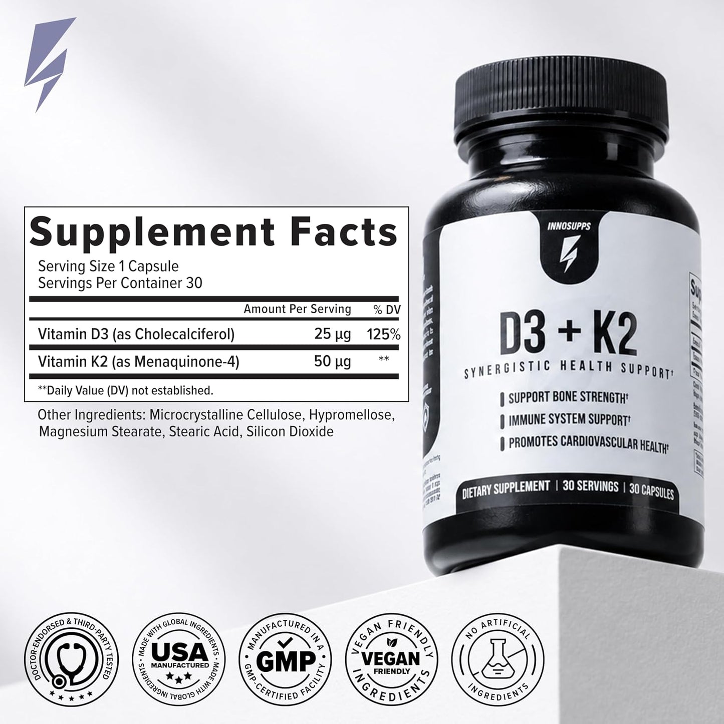 Inno D3+K2 - Vitamin K2 and D3 Supplement with Magnesium for Immune Support, Bone Strength, and Cardiovascular Health - Vitamin Complex Supplements for Overall Health & Wellness (30 Capsules) - görsel 4