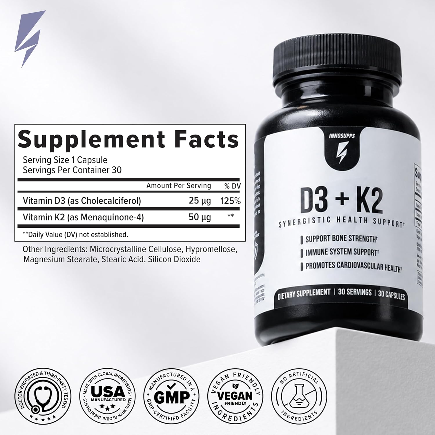 Inno D3+K2 - Vitamin K2 and D3 Supplement with Magnesium for Immune Support, Bone Strength, and Cardiovascular Health - Vitamin Complex Supplements for Overall Health & Wellness (30 Capsules) - görsel 4