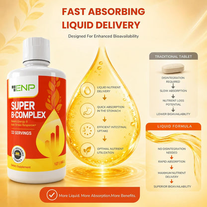 ENP Super B Complex Liquid - B12, B6, Thiamine & Biotin - Energy, Metabolism & Nervous System Support - Liquid B Vitamins for Daily Wellness - 32 Servings