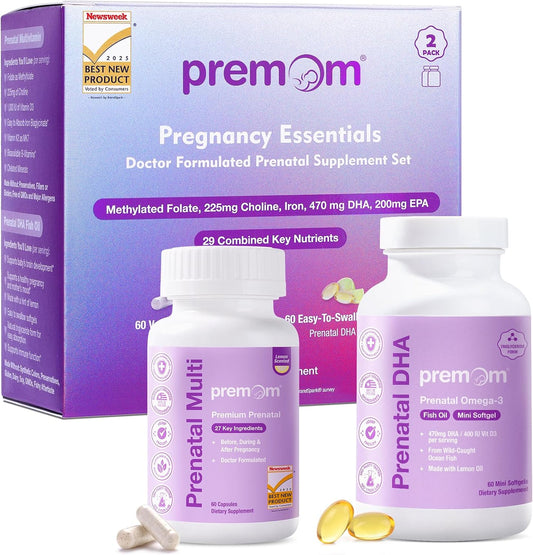 Premom Prenatal Vitamins Capsules & Prenatal DHA Mini Soft gel capsules Bundle