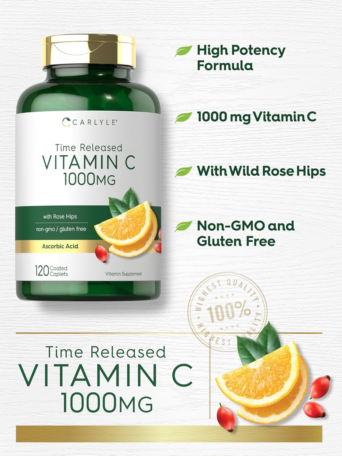 Carlyle Vitamin C 1000mg Timed Release with Rose Hips - 120 Vegetarian Caplets - görsel 4