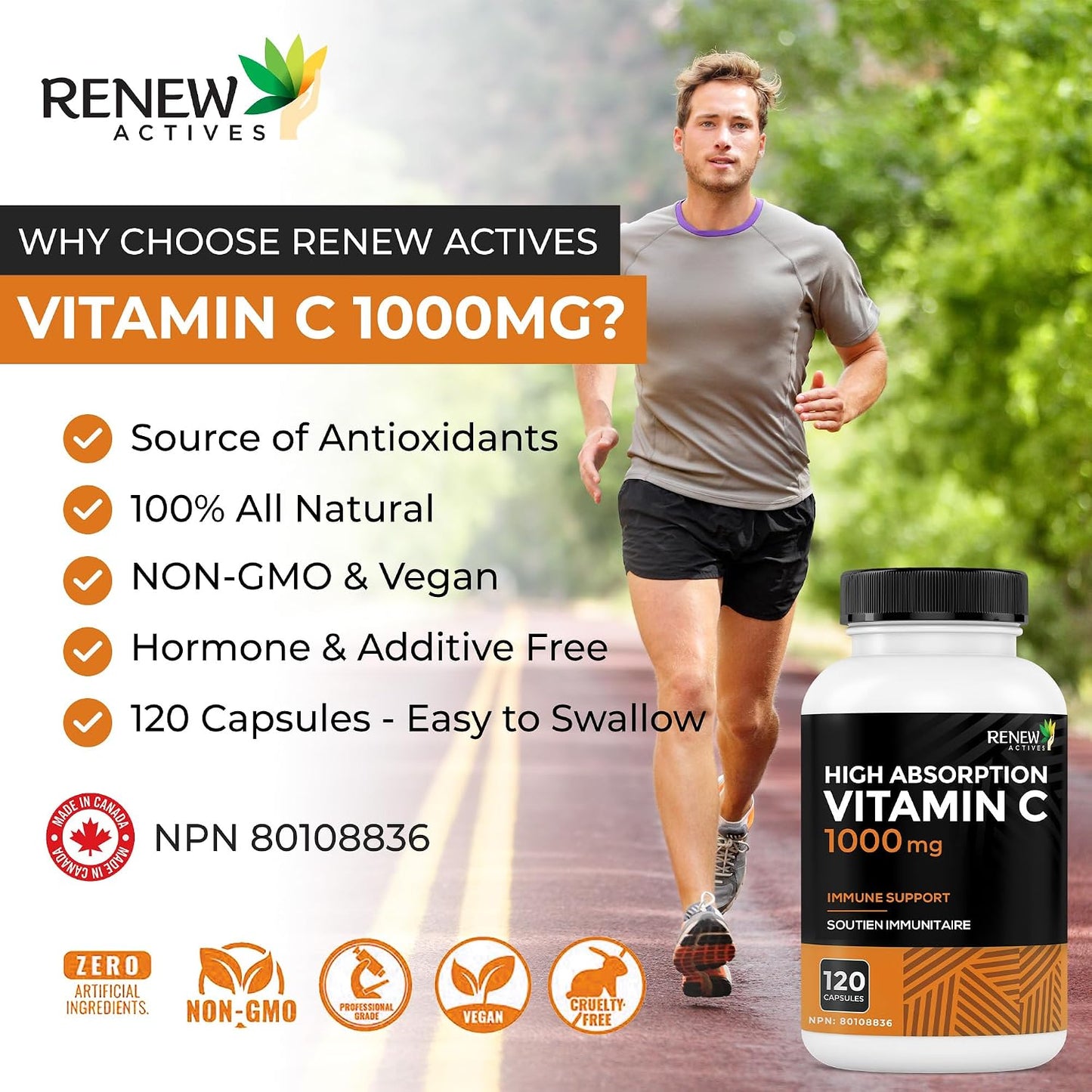 RENEW ACTIVES Maximum Strength Vitamin C 1000mg per Capsule – Antioxidant & Immune Support – Non-GMO, Sugar-Free – 120 Capsules - görsel 5